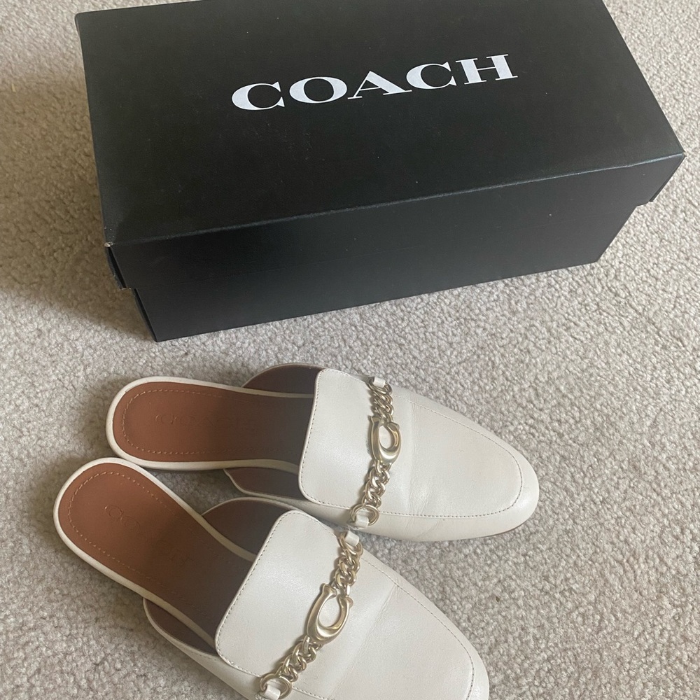 Coach Women's Cream Leather Mules with Chain Detail